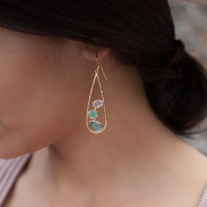 Moonstone, Aqua Chalcedony & Labradorite Dangle  Earrings Gold Plated * Gemstone * Earrings  * Handmade * Boho * Modern * Dangle  * BJE107