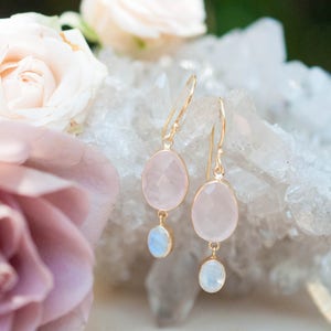 Rose Quartz & Moonstone Gold Earrings * Gold Plated 18K * Handmade * Gemstone * Oval * Dangle * Gold * BJE073