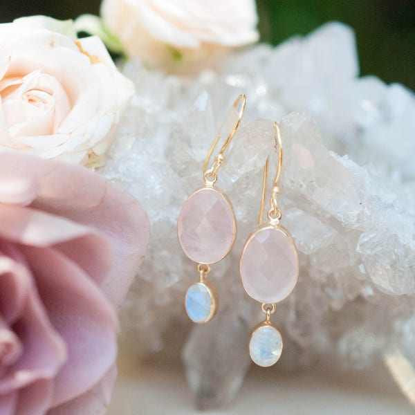 Rose Quartz & Moonstone Gold Earrings * Gold Plated 18K * Handmade * Gemstone * Oval * Dangle * Gold * BJE073