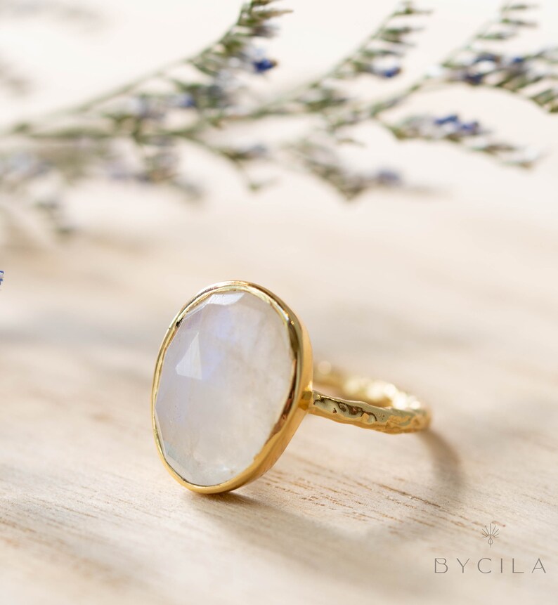 Moonstone Gold Plated Ring Statement Ring Gemstone Ring Rainbow Moonstone Gold Ring BJR241 image 5