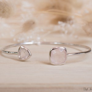 Rose Quartz Bangle Bracelet Gold Plated 18k or Silver Plated or Rose Gold Plated Gemstone Adjustable Statement Stacking BJB004A image 2