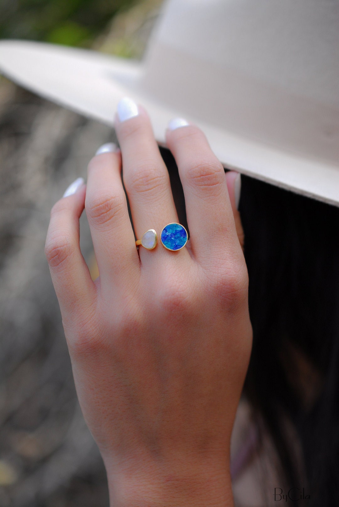 Mosaic Jade & Moonstone Ring 18k Gold Plated Ring Statement Ring