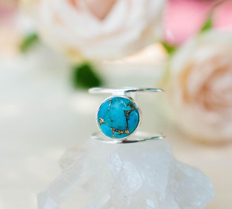 Turquoise Ring Sterling Silver 925 Statement Gemstone Copper Turquoise Organic Ocean Blue Natural Handmade Thin Band BJR002 image 6