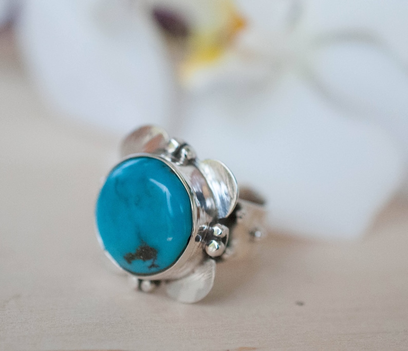 Turquoise Flower Ring Natural Blue Gemstone Handmade *Semi Precious Stone *Bohemian *Chic *BJR054 Statement Sterling Silver 925
