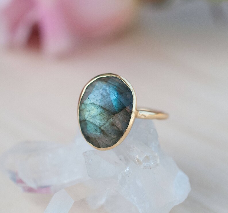 Rainbow Labradorite Ring Gold Ring Gemstone Gold Plated Statement Bridal Wedding Natural Thin Handmade BJR066 image 1