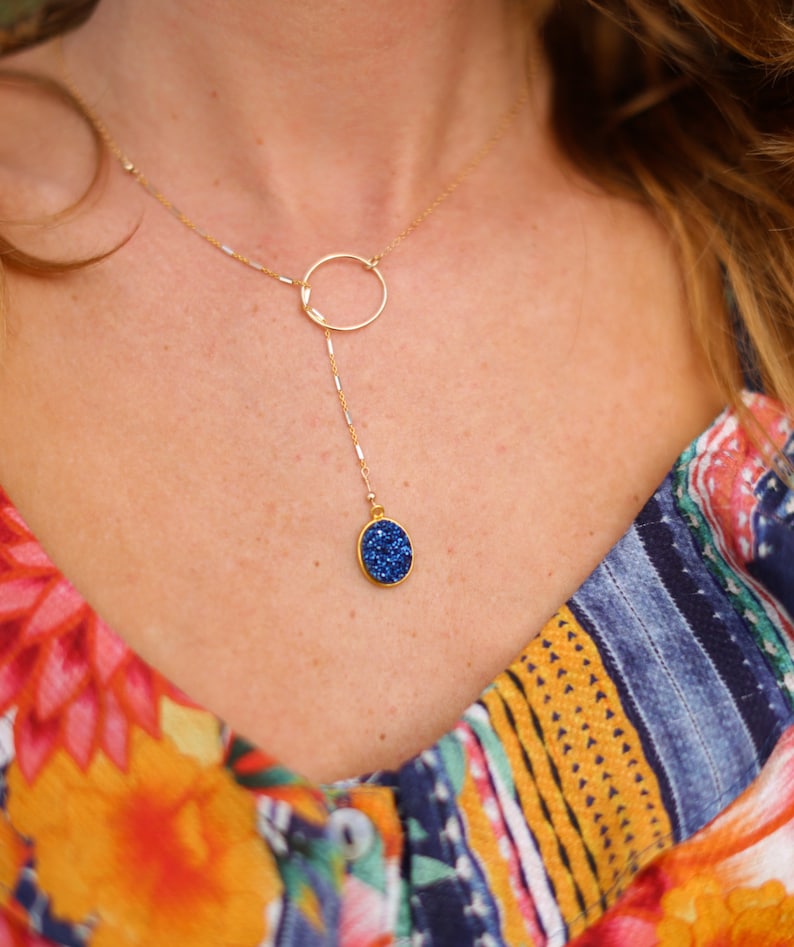 Blue quartz teardrop lariat