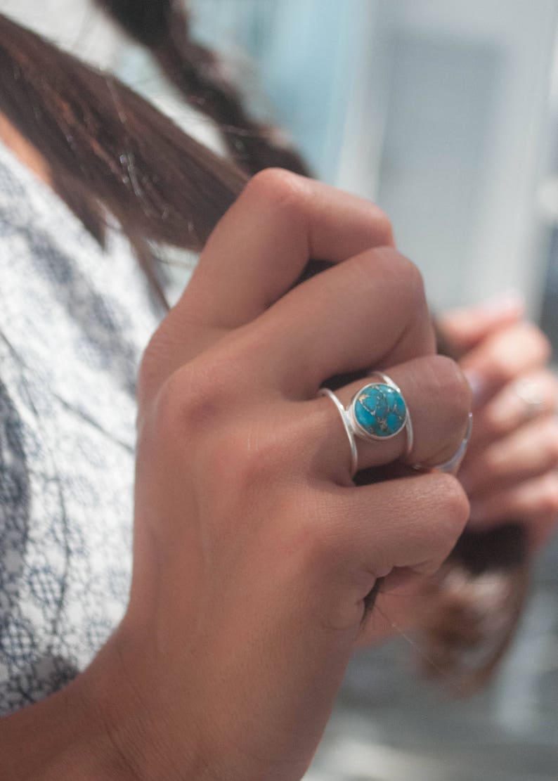 Turquoise Ring Sterling Silver 925 Statement Gemstone Copper Turquoise Organic Ocean Blue Natural Handmade Thin Band BJR002 image 2