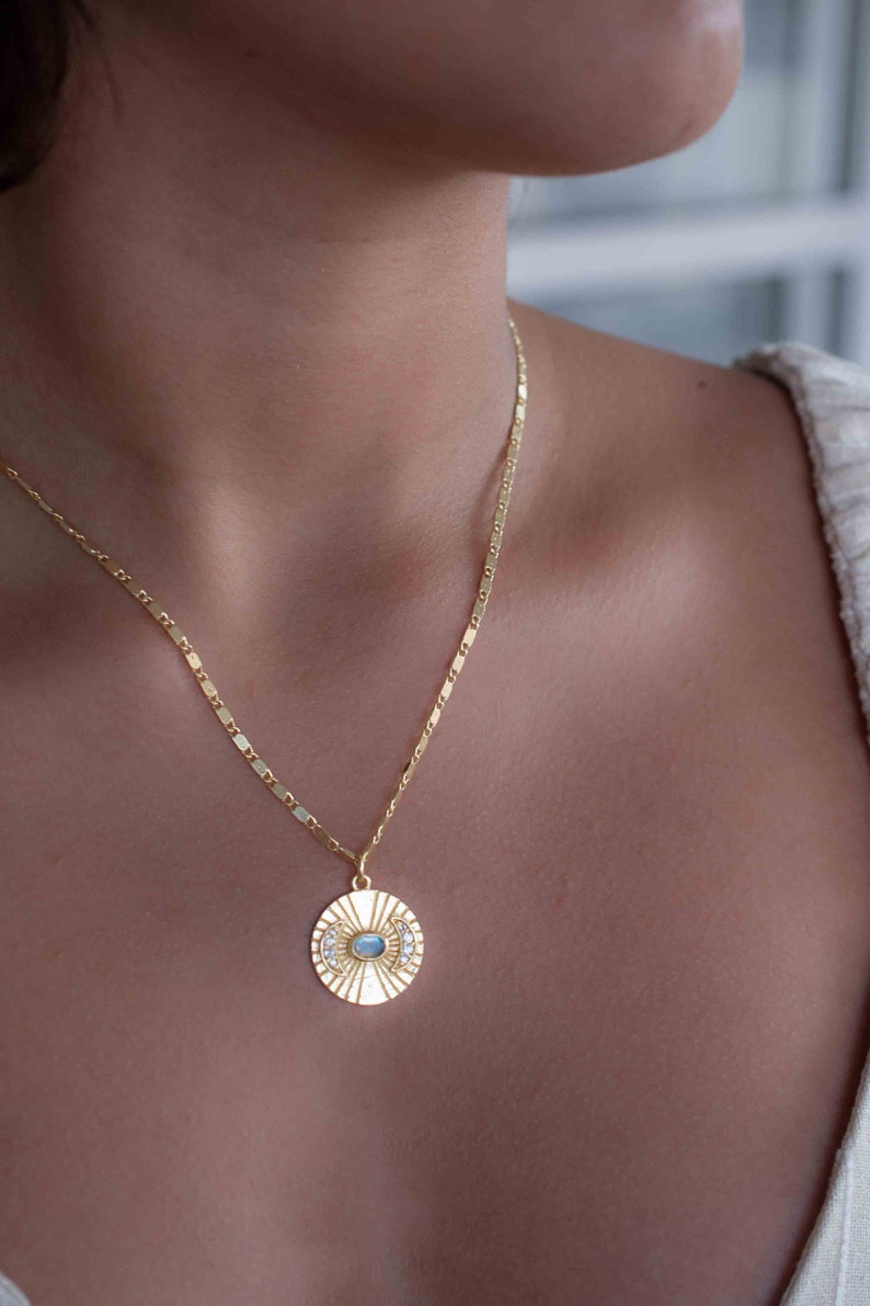 Half Moon CZ and Labradorite, Moonstone or Copper Turquoise Necklace Gold Plated 18k Handmade Bohemian Layered Modern BJN145 image 4