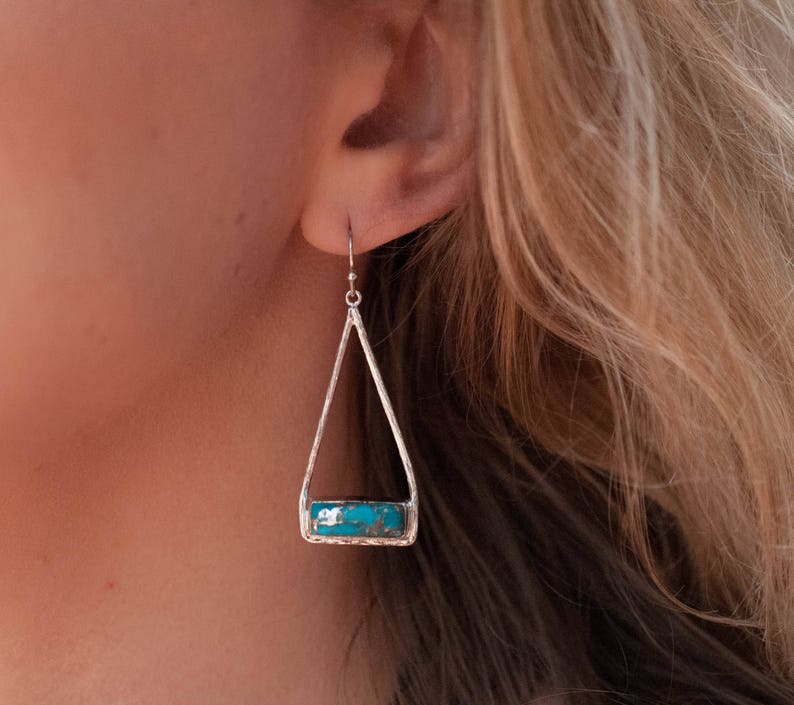 Copper Turquoise Earrings Gold Plated 18k or Silver Plated or Rose Gold Plated Natural Lightweight Triangulum Geometric BJE002C Silver Plated
