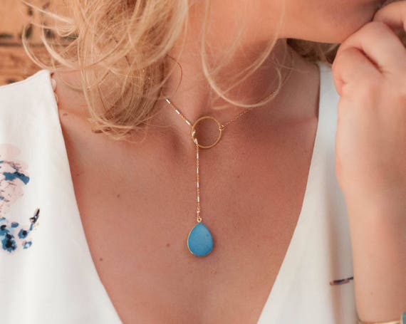 Blue quartz teardrop lariat