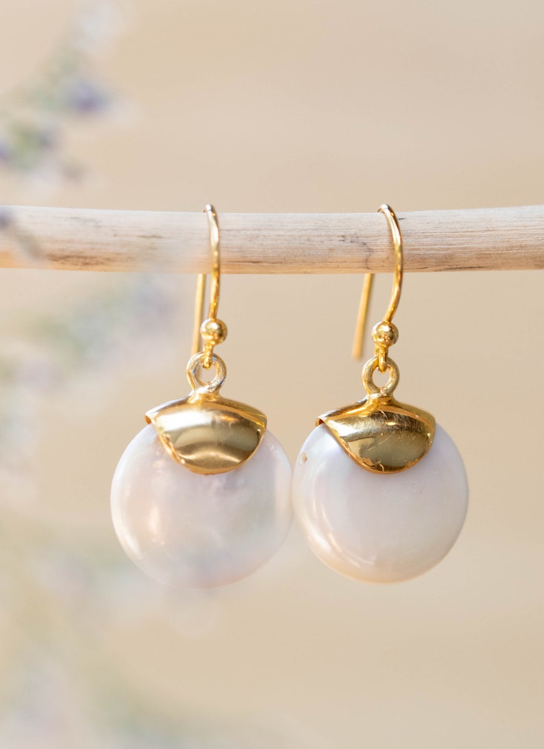 Fresh Water Pearl Earrings Handmade Gemstone Gold Modern Gold Vermeil ByCila BJE164 image 1