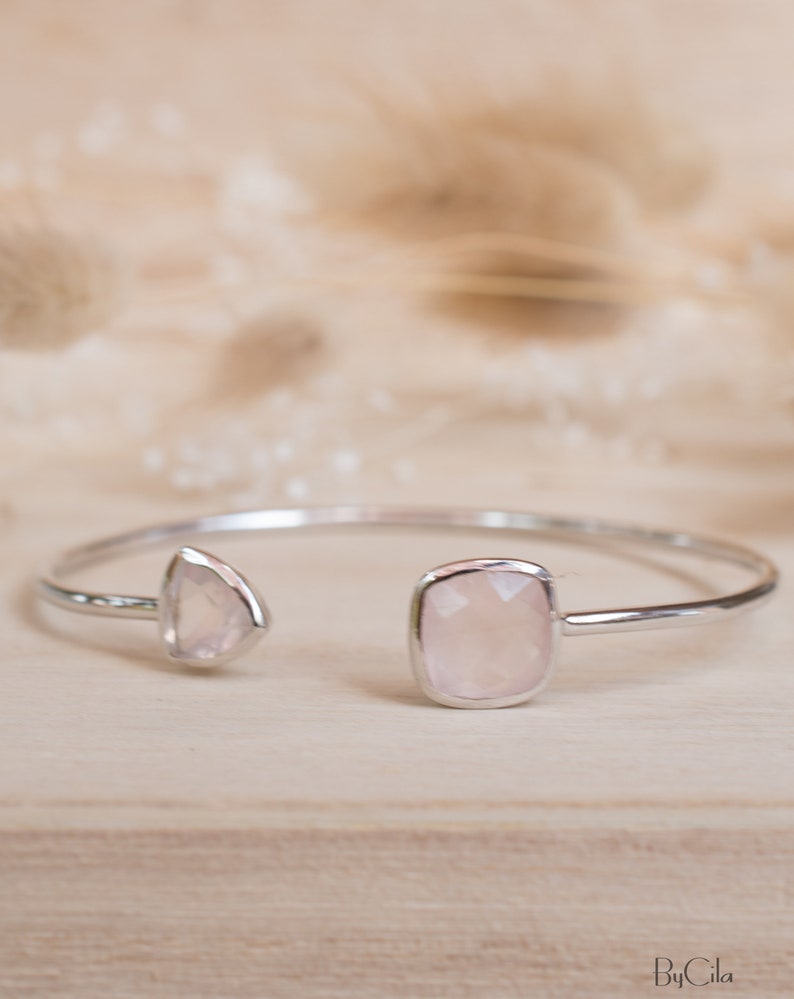 Rose Quartz Bangle Bracelet Gold Plated 18k or Silver Plated or Rose Gold Plated Gemstone Adjustable Statement Stacking BJB004A Silver Plated