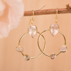 Rose Quartz, Labradorite & Moonstone Dangle Earrings Gold Plated Gemstone Earrings ByCila Handmade Boho Modern Dangle BJE120 image 2