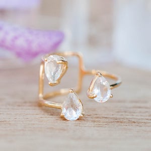 Gold Ring White Topaz Adjustable Wrap Delicate Bridal Wedding Jewelry Stone Statement Gift For Her Proposal RingBJR152 image 3