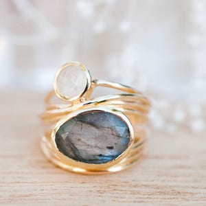 Gold Plated 18k Ring Labradorite Moonstone Gemstones Handmade Statement Natural Organic Gift for her JewelryBycilaBJR073 image 1