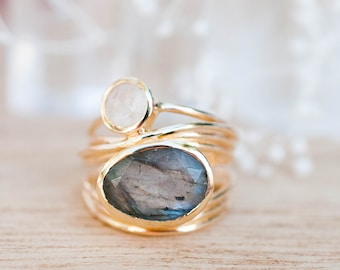 Gold Plated 18k Ring * Labradorite * Moonstone * Gemstones * Handmade * Statement * Natural * Organic * Gift for her * Jewelry*Bycila*BJR073