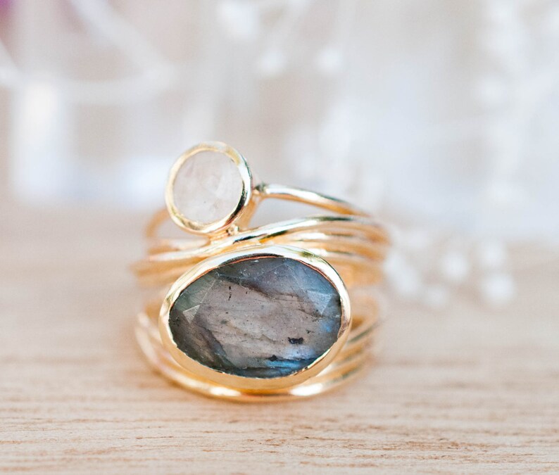 Gold Plated 18k Ring Labradorite Moonstone Gemstones Handmade Statement Natural Organic Gift for her JewelryBycilaBJR073 image 1