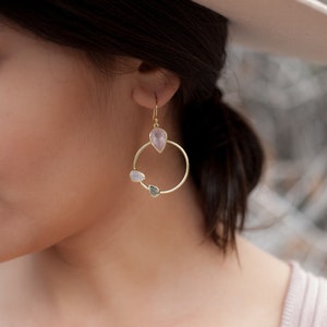 Rose Quartz, Labradorite & Moonstone Dangle Earrings Gold Plated Gemstone Earrings ByCila Handmade Boho Modern Dangle BJE120 image 3