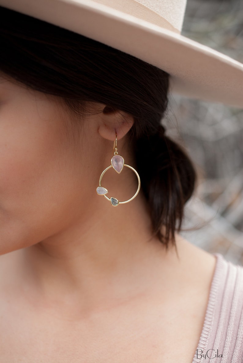 Rose Quartz, Labradorite & Moonstone Dangle Earrings Gold Plated Gemstone Earrings ByCila Handmade Boho Modern Dangle BJE120 image 3