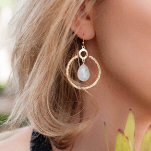 Moonstone Gold Plated 18k Earrings Geometric Empty Circle Handmade Gemstone ByCila Tear Drop Dangle Boho Gift BJE019 image 2