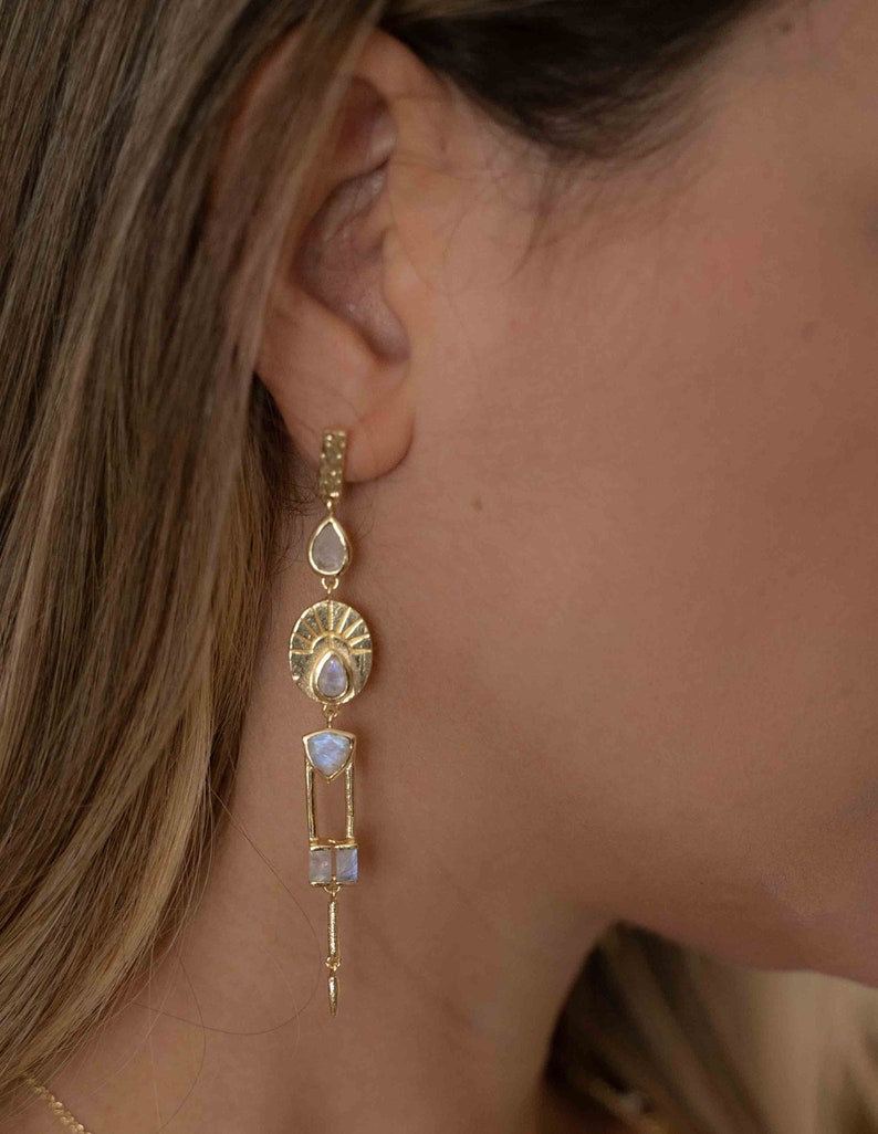 Moonstone Stud Earrings Gold Plated 18k Gemstone Statement handmade Every day Long bohemian BJE190 image 1