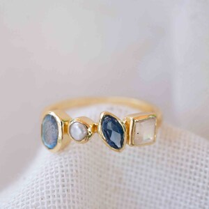 Labradorite, Pearl, Iolite hydro and Moonstone Gold Plated Ring *  Statement Ring * Gemstone Ring * Gold Ring  *  BJR286