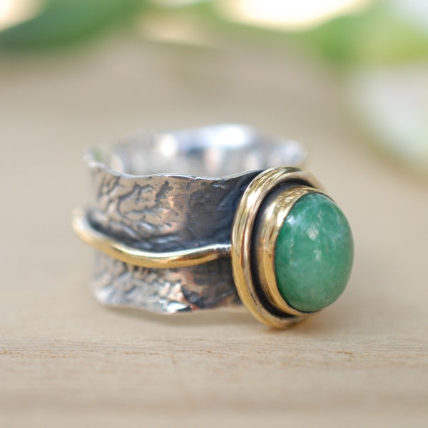 Emerald ring * Sterling silver ring * Gold Vermeil ring * Wide ring * Handmade ring * Wave band ring * Gemstone* Green Stone BJR207