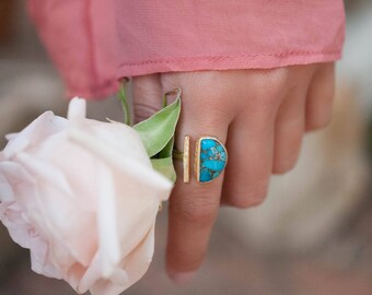 Adjustable Copper Turquoise Ring* Gold Vermeil * Boho * Blue * Gypsy * Handmade * Hippie * Bohemian * Jewelry * Half Moon * BJR112