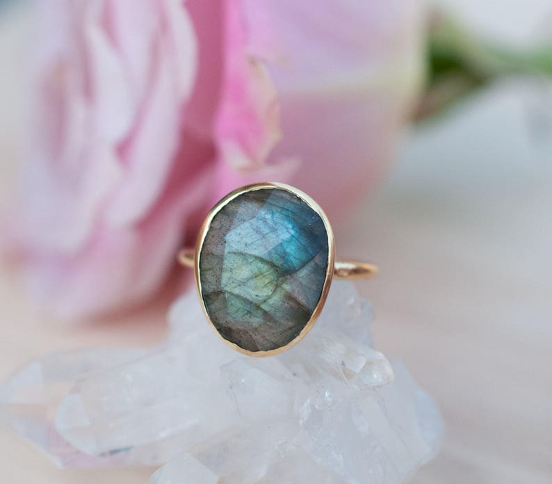 Rainbow Labradorite Ring Gold Ring Gemstone Gold Plated Statement Bridal Wedding Natural Thin Handmade BJR066 image 5