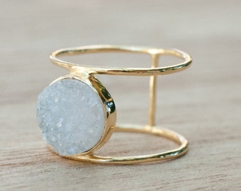 Druzy Ring * Gold Ring * Statement Ring *Gemstone Ring * White Druzy Ring *Gold Crystal* Natural Druzy *Large Gemstone *Organic Ring*BJR016