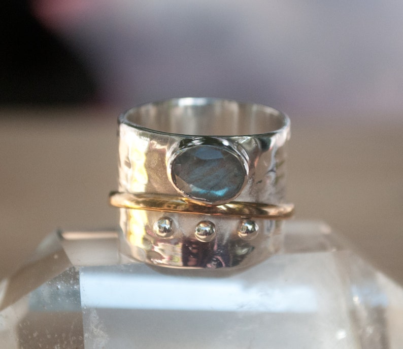 Labradorite Ring Meditation Spinner Spinning Anxiety Hammered Worry Boho Spin Thick Band Sterling Silver Bronze BJS013 image 2