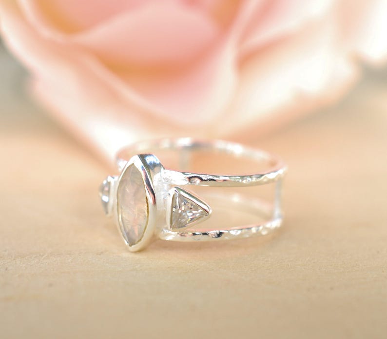 Moonstone & White Topaz Ring Sterling Silver Ring Etsy