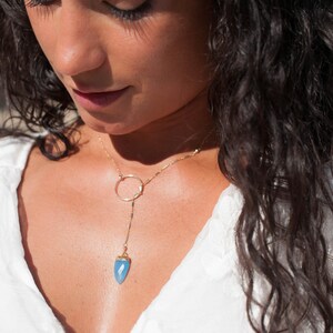Blue Chalcedony Lariat Necklace Gold Drop Y Handmade Round Circle Gemstone One of a KindUnique Boho Bohemian Hippie BJN059 image 3
