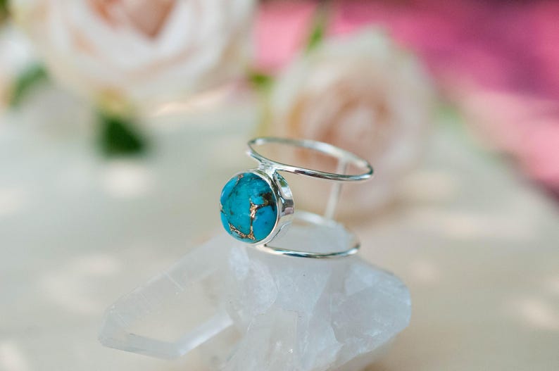 Turquoise Ring Sterling Silver 925 Statement Gemstone Copper Turquoise Organic Ocean Blue Natural Handmade Thin Band BJR002 image 5