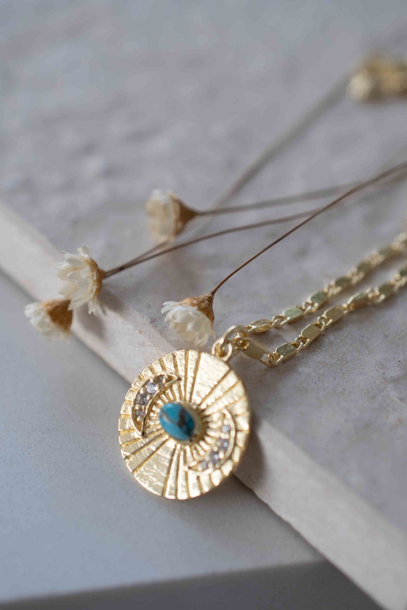 Half Moon CZ and Labradorite, Moonstone or Copper Turquoise Necklace Gold Plated 18k Handmade Bohemian Layered Modern BJN145 Copper turquoise