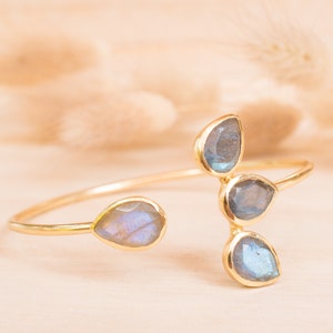 Labradorite Bangle Bracelet Gold Plated, Rose Gold Plated 18k or Silver Plated Gemstone Lotus Flower Adjustable StackingBJB021A image 6