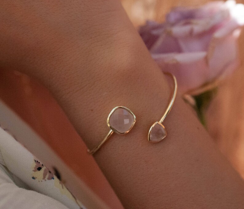 Rose Quartz Bangle Bracelet Gold Plated 18k or Silver Plated or Rose Gold Plated Gemstone Adjustable Statement Stacking BJB004A image 1