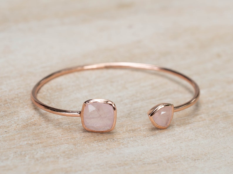 Rose Quartz Bangle Bracelet Gold Plated 18k or Silver Plated or Rose Gold Plated Gemstone Adjustable Statement Stacking BJB004A Rose Gold Plated