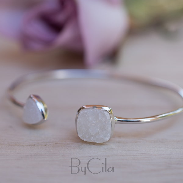 White Druzy Bohemian Bangle Bracelet *Gold Plated 18k or Silver Plated or Rose Gold Plated* Gemstone * Gypsy *Adjustable*Statement* *BJB007B