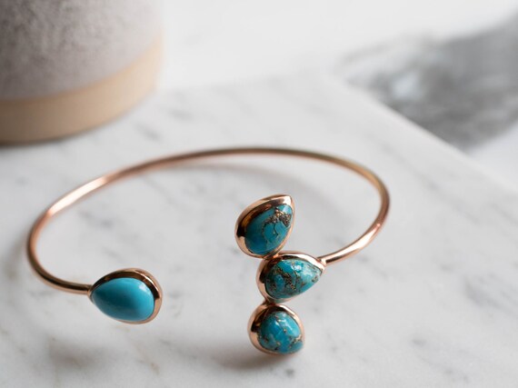 Copper Turquoise Bangle Bracelet Gold or Silver Plated Gemstone Lotus Flower  Adjustable Statement Stacking Layering BJB018A - Etsy