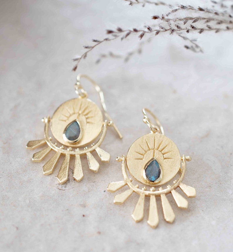 Labradorite Logo Gold Round Earrings Gold Plated 18K Gemstone Earrings Handmade Boho Dangle Modern BJE213 image 1