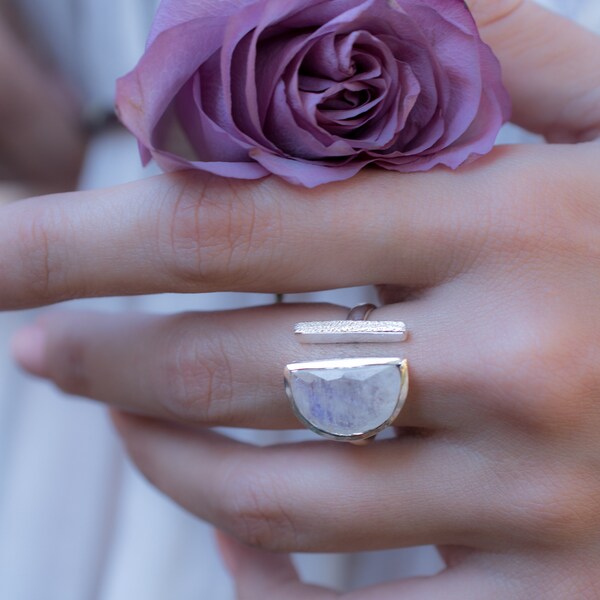 Moonstone Ring * Adjustable Sterling Silver * Statement * Gemstone * Bridal * Wedding * Half Moon * Boho * Bohemian * Handmade * BJR114