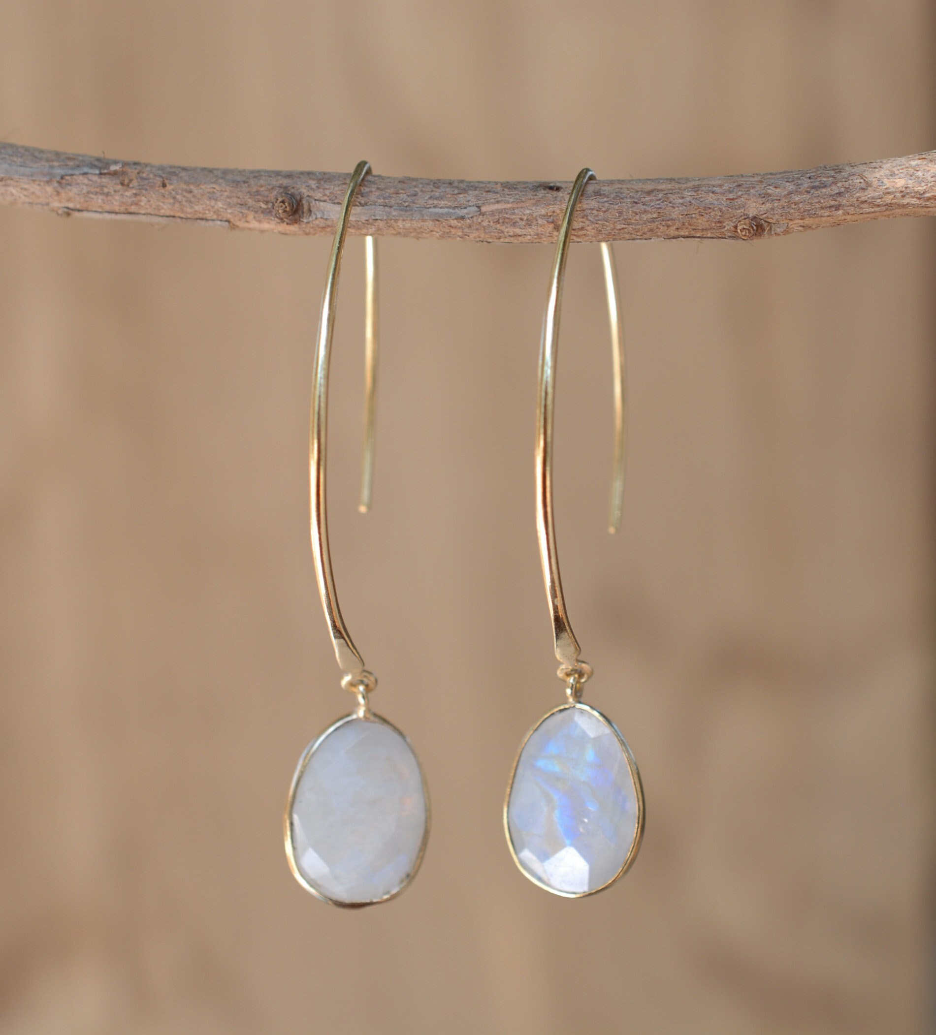 Moonstone Gold Plated Threader Earrings Gemstone Earrings Etsy
