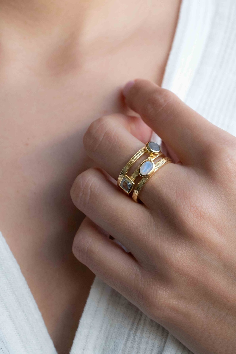 Moonstone, Labradorite & Blue Topaz hydro Ring 18k Gold Plated Ring Statement Ring handmade Adjustable Boho BJR311 image 1