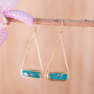Copper Turquoise Earrings Gold Plated 18k or Silver Plated or Rose Gold Plated Natural Lightweight Triangulum Geometric BJE002C Gold Plated 18k
