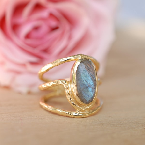 Gold Plated 18k Labradorite * Gemstone Ring * Handmade *Statement * Natural  Organic* Gift for her*Jewelry*Bycila*February Birthstone*BJR061