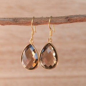 Smoky Quartz Gold vermeil Earrings Dangle Earrings Wedding Gemstone Semi Precious Stone bohemian Faceted ByCila BJE143 Smoky Quartz