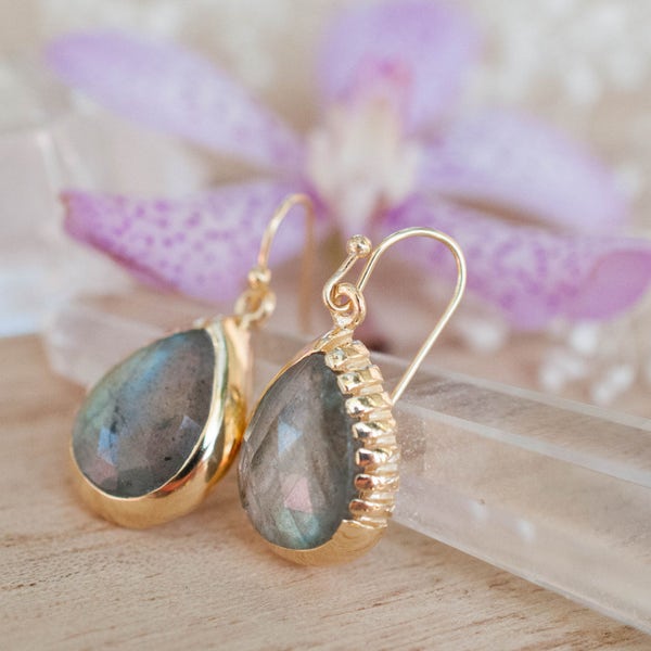 Labradorite Earrings Dangle Gold Plated 18k * Gemstone * Statement * handmade * Every day * Lightweight * bohemian * ByCila  * BJE010