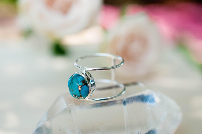 Turquoise Ring Sterling Silver 925 Statement Gemstone Copper Turquoise Organic Ocean Blue Natural Handmade Thin Band BJR002 image 4