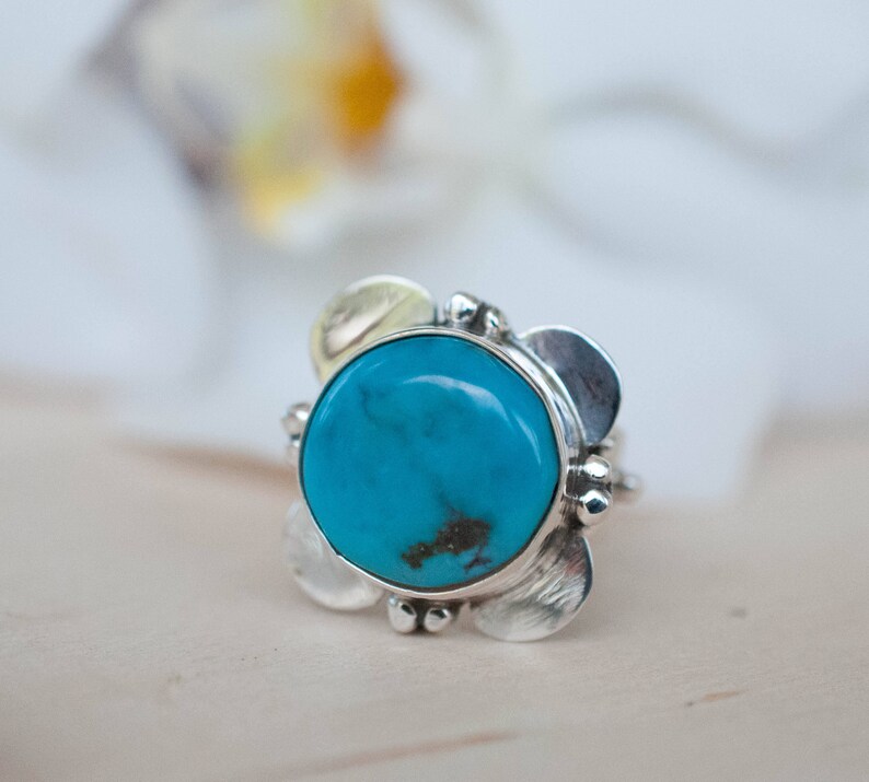 Turquoise Flower Ring Natural Blue Gemstone Handmade *Semi Precious Stone *Bohemian *Chic *BJR054 Statement Sterling Silver 925